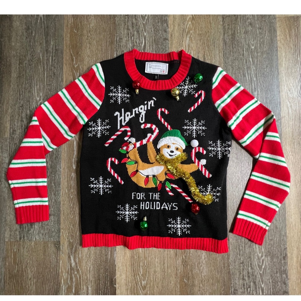 Derek Heart Sloth Ugly Christmas Sweater Unisex Large Black 3D Ornament Festive